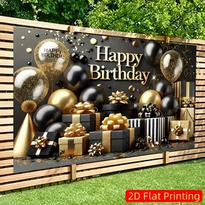 2D Flat Golden & Black Polyester Banner - Elegant Backdrop for Birthdays/Weddings/Events, Fit for Living Rooms/Bedrooms/Offices/Outdoors, Sleek Sophisticated Style White