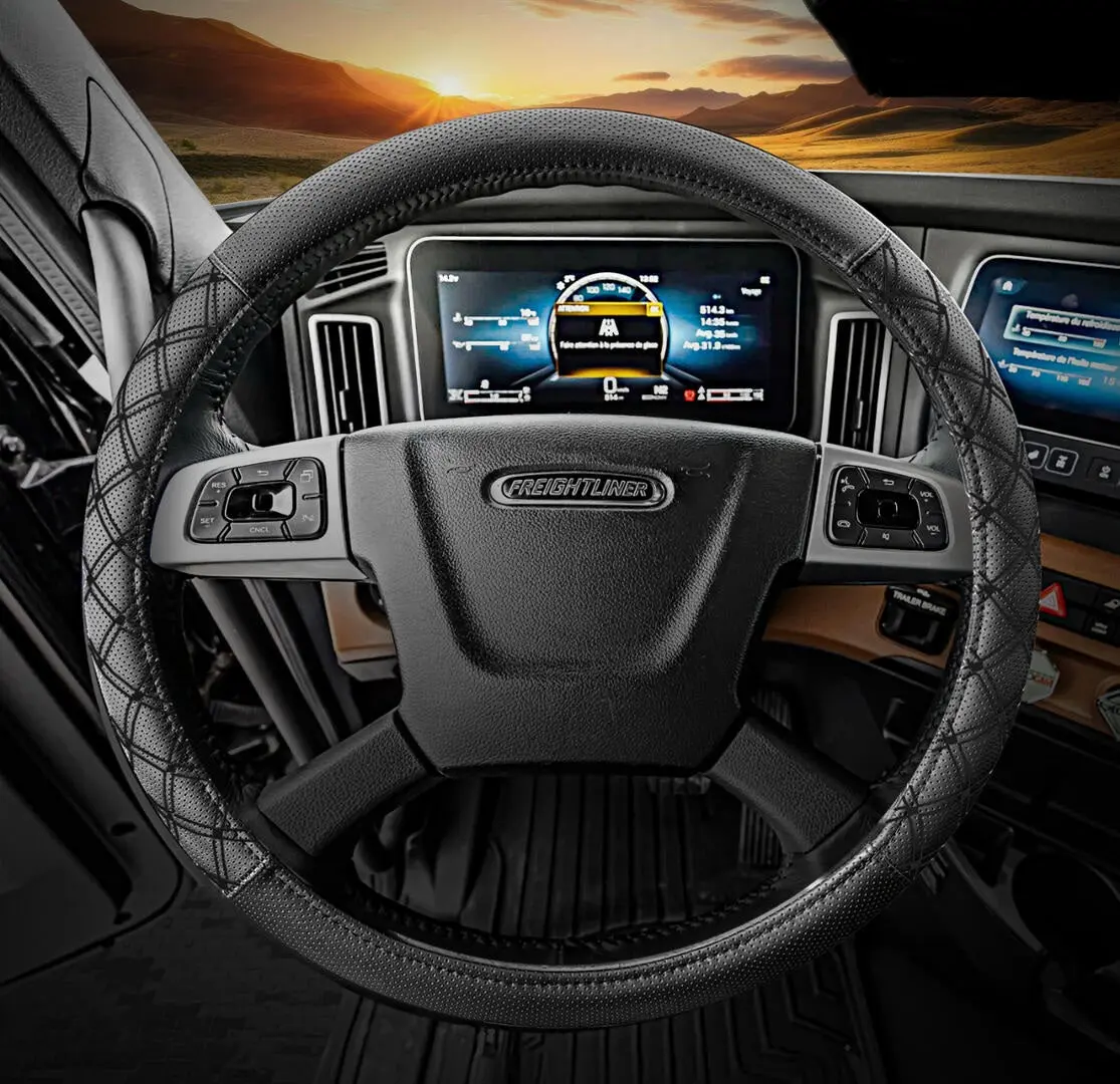 18-inch Truck Semi Steering Wheel Cover, Premium Quality Materials, Black Faux Leather with Black Stitching, Non-Sweating, Custom and Unique Look for Interior Cabs, 18 Inches, Perforated