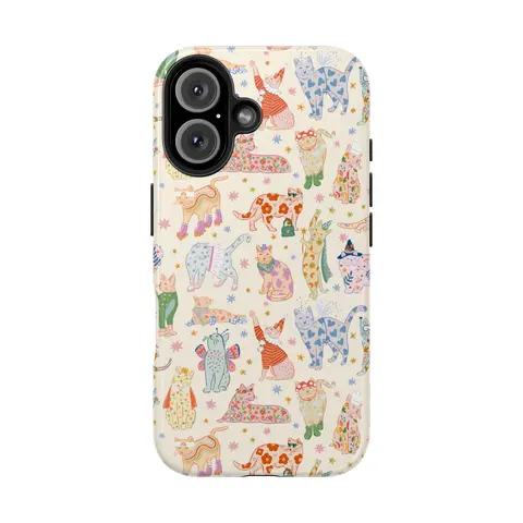 Aesthetic Retro Kawaii Cat Phone Case for iPhone18ProMax 17 Pro Max/16 Plus/15/14/13/12, Shockproof TPU & Polycarbonate Cover with Soft Sides, Raised Edges, 70s Flowers/Polka Dots/Halloween Smile