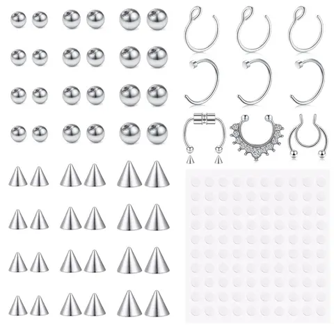 Fake Eyebrow Ring Fake Lip Labret Studs Replacement Balls Spike with 1 sheet Sticker Non-Piercing Body Jewelry Accessory Fake Piercings Fake Skin Piercing Body Piercing Kit