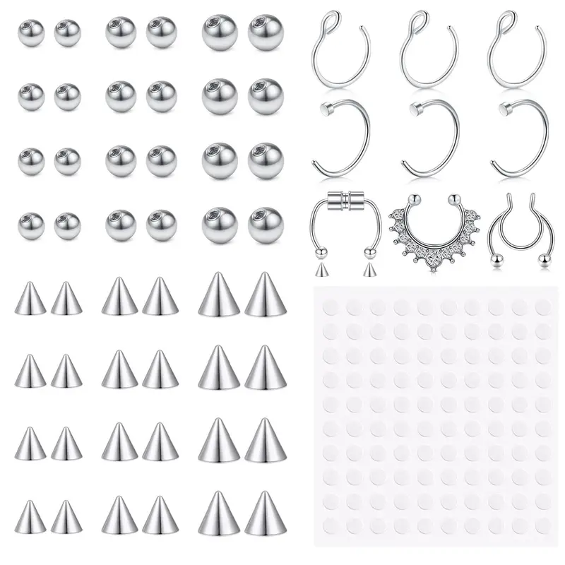 Fake Eyebrow Ring Fake Lip Labret Studs Replacement Balls Spike with 1 sheet Sticker Non-Piercing Body Jewelry Accessory Fake Piercings Fake Skin Piercing Body Piercing Kit