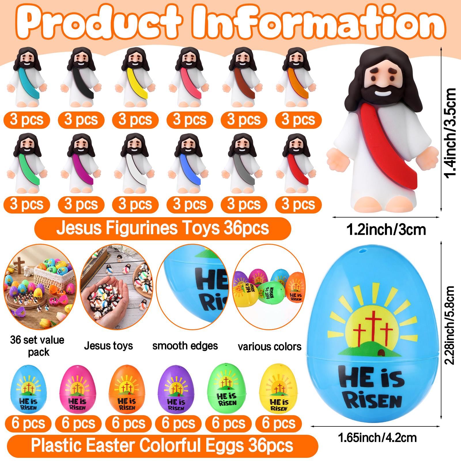 12set/24set/30set/36set/48set/50set/60set Prefilled Easter Eggs with Mini Jesus Figures for Easter Egg Hunt Basket Stuffers Fillers He Is Risen Easter Eggs Filled with Mini Jesus Figures for Boys Girls Outdoor Play Classroom Prize Easter Party Favors