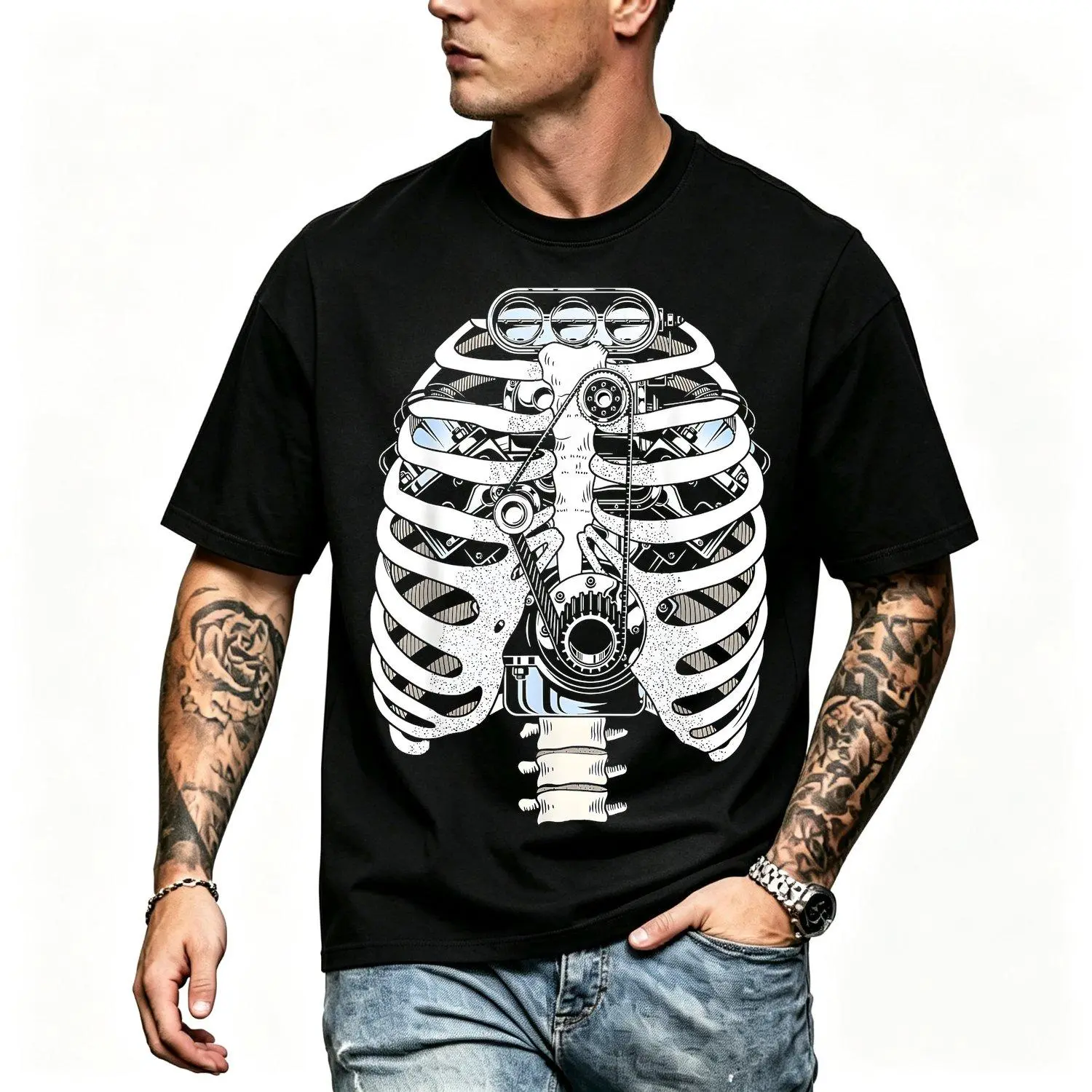 Men Short sleeve T shirts Vintage Mechanic Car Engineer Skeleton Mechanics Graphic Print Casual Workwear Industrial Auto Repair Garage Streetwear