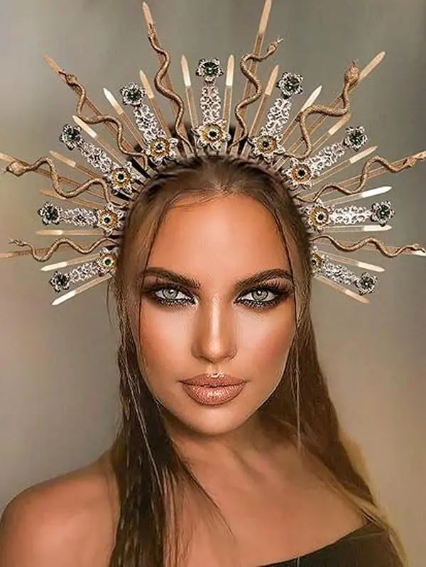 Bronze Medusa Headpiece with Snake Accents and Crystal Embellishments, Women's Costume Accessory for Halloween Cosplay and Birthday Photoshoot Props