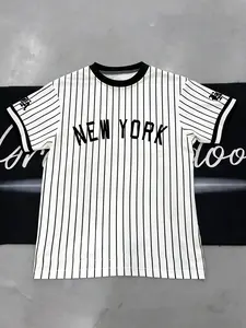 1-Piece Unisex Casual Striped T-Shirt, White Black "New York" Print Ringer Collar Short Sleeve Top for Men Women Daily Outings and Summer Wear