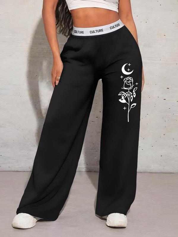 Women's Floral Print Pocket Wide Leg Sweatpants, Casual Comfy Trousers for Daily Wear, Ladies Bottoms for All Seasons