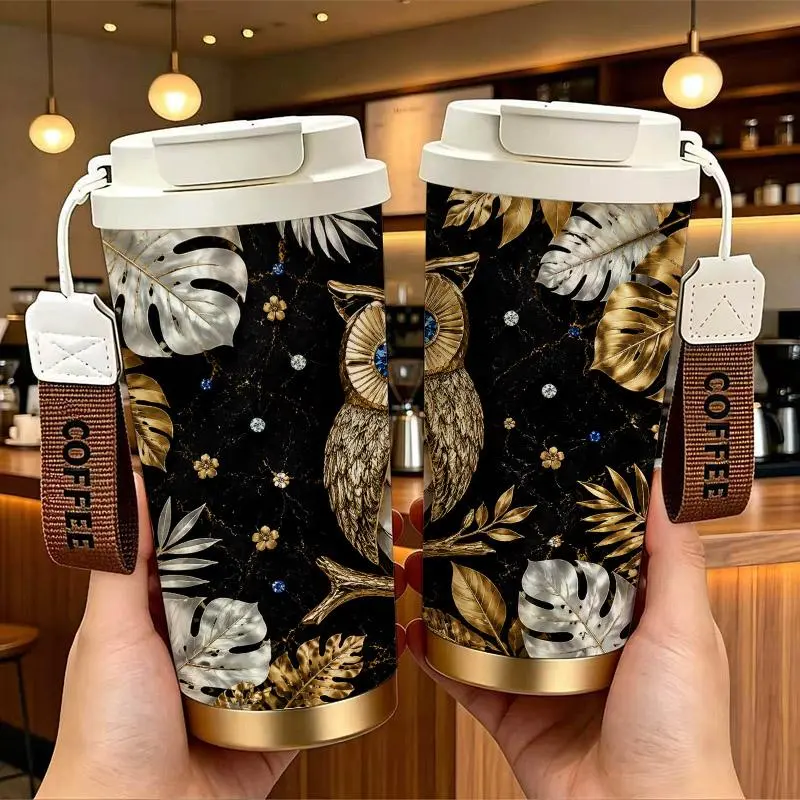 Elegant Golden Owl Pattern Stainless Steel Insulated Flask - Double-Drink Design Portable Travel Tumbler with Coffee Wrist Strap, Reusable Thermal Mug for Iced Tea & Tea, Ideal Birthday Holiday Gift for Backpack Users