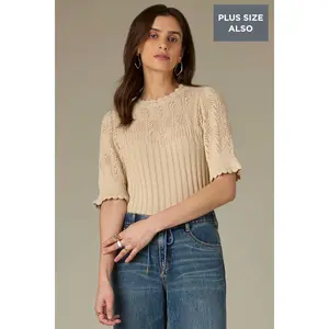 Above Elbow Flounce Sleeve Round Neck Mixed Stitch Plus Size Sweater