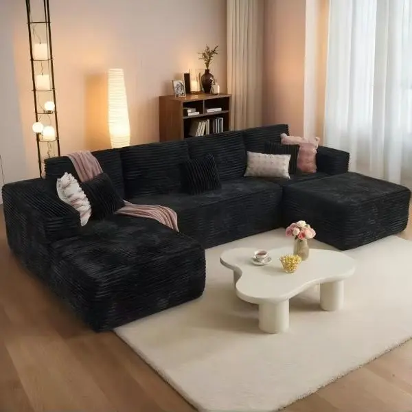 【2 Packs Shipping】 Vipworld 133" Boneless Sofa, Modular U-Shaped Soft Corduroy Couch, Washable, No Assembly Required, 6 Free Pillows