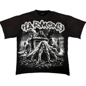 HARMONY Men's Soft Pure Cotton Oversized Crew Neck Short-Sleeve Graphic T-Shirt, Vintage Washed Personalized Graffiti Streetwear, Shiny Rhinestone Letter Design, Baggy Moisture-Wicking Festival Outdoor Sports Top