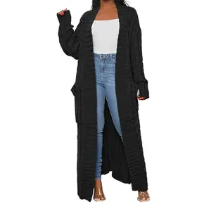 LIVECLOTH Women's Cable Knit Dual Pocket Cardigan Sweater - Long Floor Length Chunky Cardigan in Black (2XL) - Womenswear, Casual