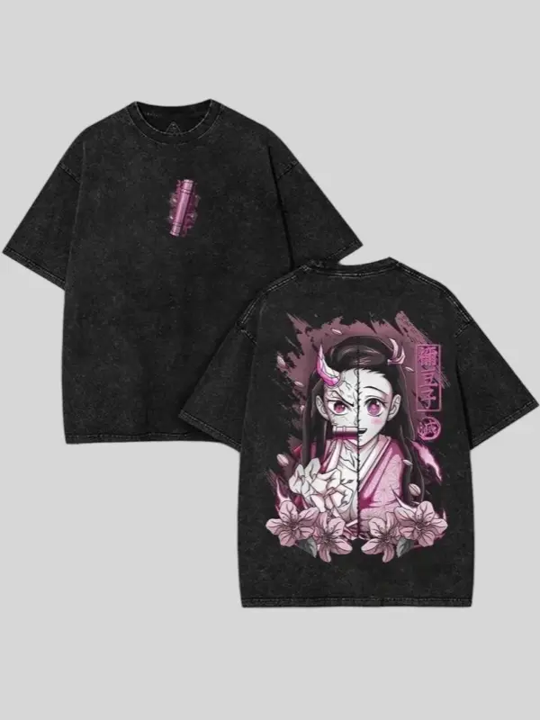 Men's Nezuko Kamado v2 Demon Slayer Kimetsu No Yaiba Vintage Print Cartoon Figure Double-Printed Distressed Short-Sleeve Fitted Round Neck T-Shirt - Casual Streetwear Top, Unisex Anime Merch, Graphic, Cute, Cotton Menswear Tshirt