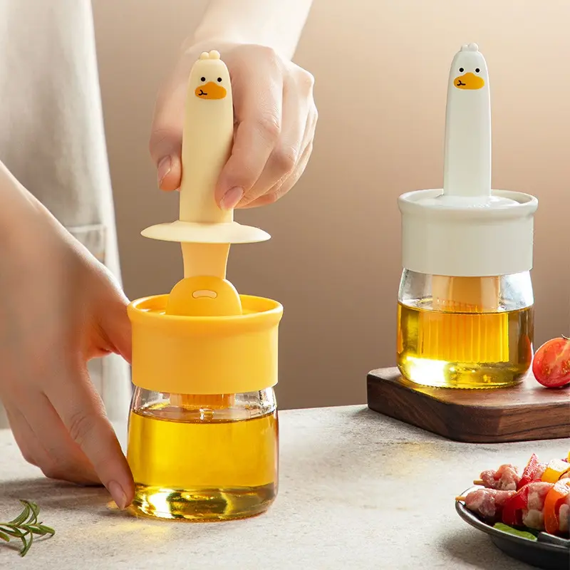 【Back to School】1pc Cute Duck Silicone Oil Brush with Transparent Glass Oil Storage Bottle, Available in White & Yellow, for Cooking, Baking & Barbecue-MM1