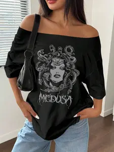 Women's Summer Short Sleeve Asymmetrical Shoulder Top, Medusa Snake Print Casual Loose Fit T-Shirt, Comfortable All Seasons Home Wear, Casual Fashionable Top