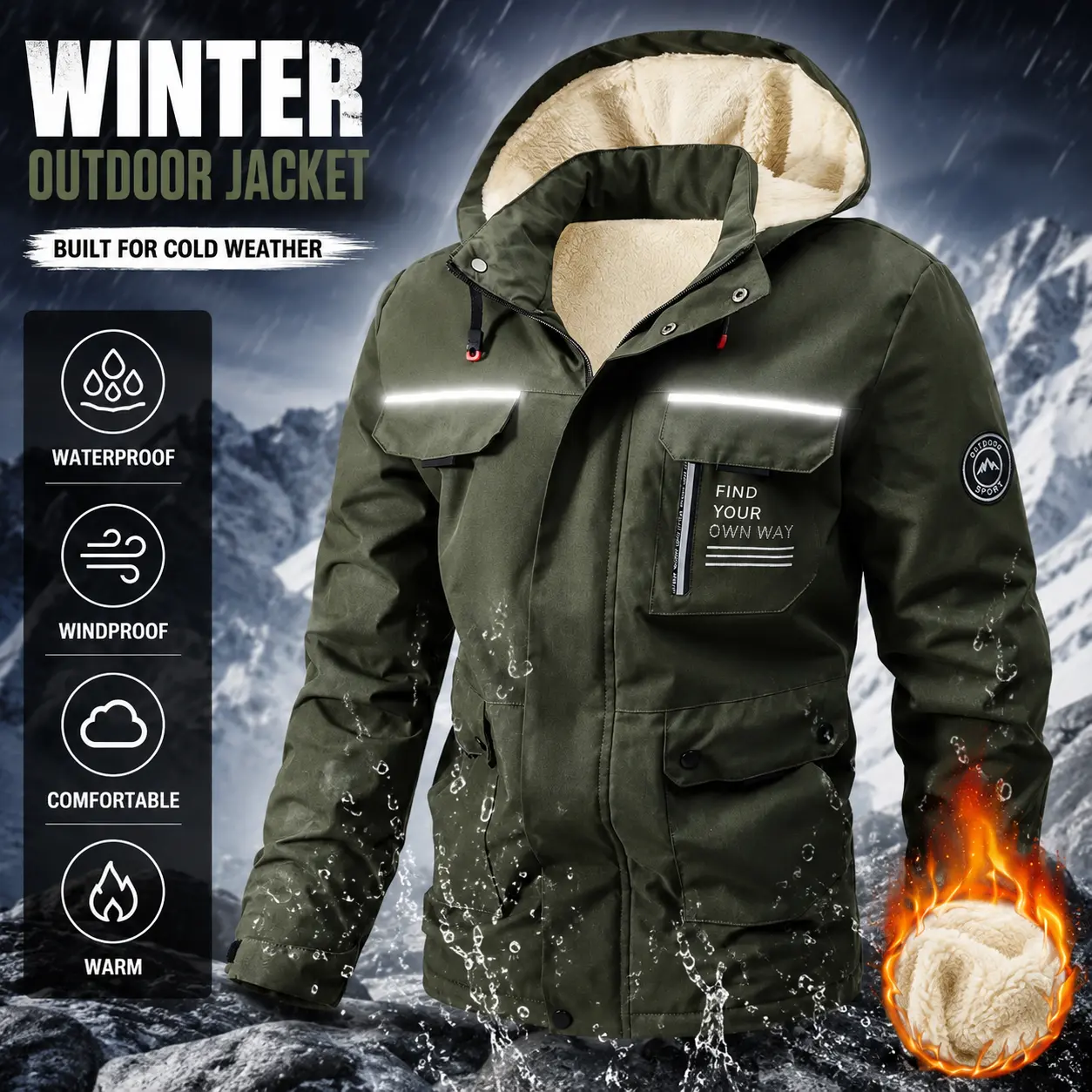 Men’s thickened fleece hooded jacket — windproof, waterproof, insulated casual sports outerwear suitable for outdoor activities and cold weather; machine washable. Thickened, comfortable winter fleece-lined warm jacket; Western-style men’s clothing.