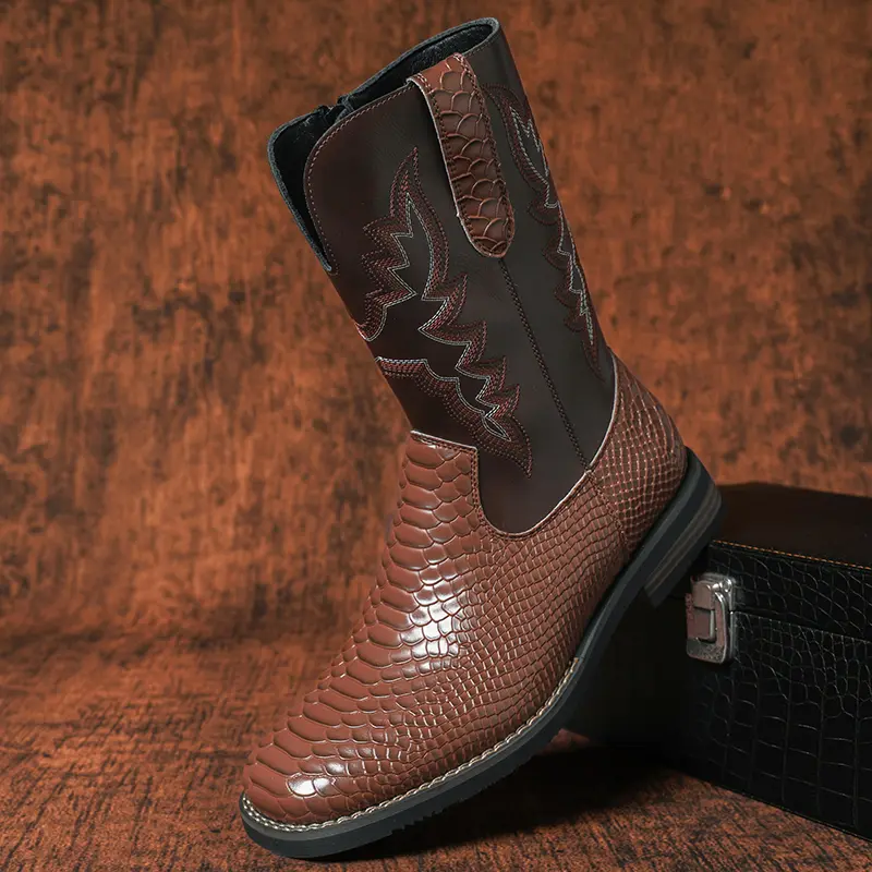 Men’s embroidered Western cowboy mid-calf boots with a retro square toe and shaft—trendy casual Western-style fashion boots