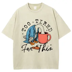 Too Tired for This Shirt, Funny Goose Coffee Design, Mean Morning Humor, Stylish Retro Caffeine Lover, Vintage Washed Short Sleeve Top, Perfer for Everyday Wear, Oversize