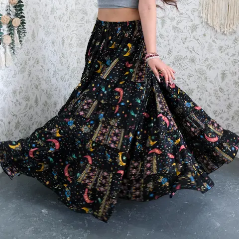 Women's Flowy Tiered Ruffled Maxi Skirt - Witchy Whimsical Alt Clothes, 90s Vintage Alternative Ren Faire Bottoms, Galaxy Cottagecore Fairycore All Seasons Whimsical Clothes for Women