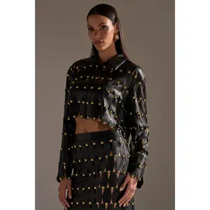 THE SNEAK PEEK STUDDED PU BLOUSE IN BLACK