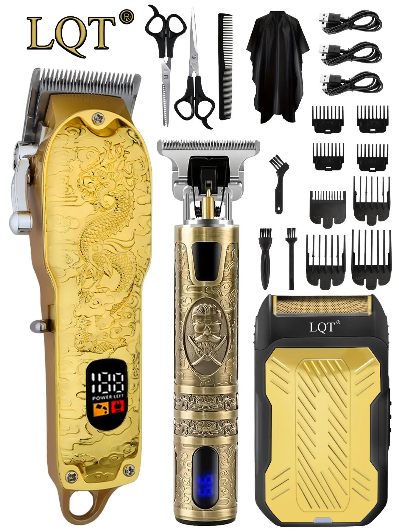 LQT 4-in-1 Cordless Rechargeable Hair Clipper & Trimmer Kit for Adult Men - Professional Barber Kit with Adjustable Clippers, Precision Trim Tool, Detail Trimmer, Electric Shaver, Power Display, Thinning Shears, Barber Cape, Hair Comb, Blade Oil, Type-C,,