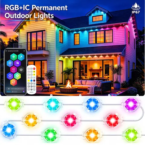 RROETXI RGB+IC Permanent Outdoor Lights - IP67 Waterproof, App & Remote Controlled, Adjustable Multi-Color, Nylon-Built, Music Sync, Party Lights, Ambient Light Strip Holiday Lighting, App Control Holiday Lighting for Patio, Garden