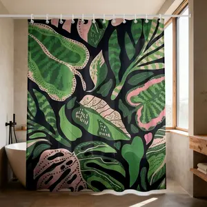1PC Tropical Plant Tortoise Leaf Shower Curtain Black Bottom Pink Green Contrasting Hand-painted Wind Pattern Bathroom Curtain Waterproof Shower Curtain Set Perforation with Hook Bathroom Shower Curtain Sets