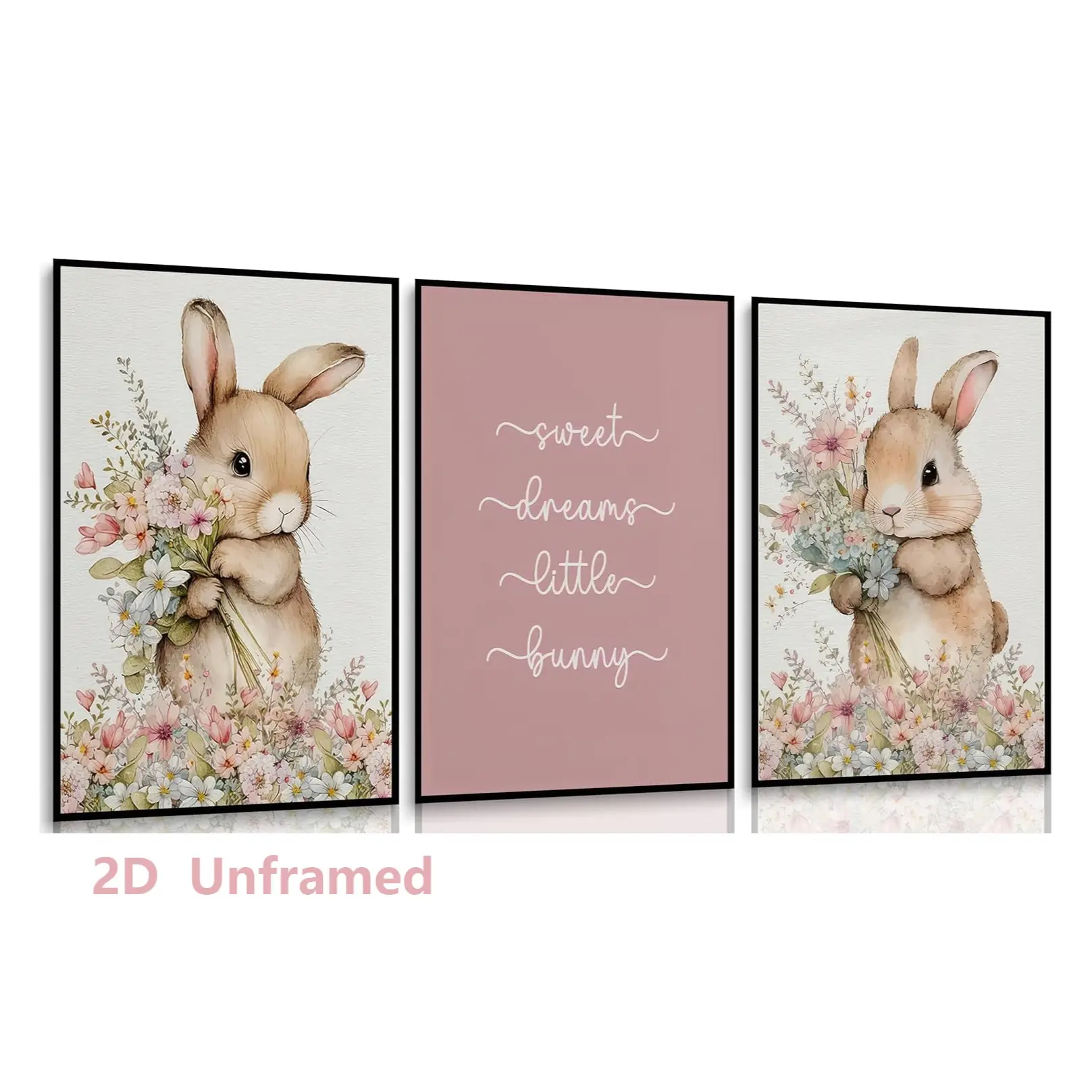 3-piece set, cute rabbit canvas wall art, colorful wildflower poster, plant and flower rabbit-themed nursery wall decor pictures, pink inspirational aesthetic girly animal art, perfect for a baby girl’s room and home decor, frameless, Unframed Wall Art