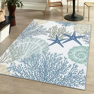 Coastal Area Rugs Nautical Beach Themed Non-Slip Machine Washable Rugs Modern Floor Carpet for Living Room Bedroom, 4x6, Blue