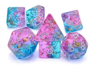 Cosmic Pink and Blue Resin DnD Dice Set with Gold Leaf Foil, 7-Piece Glittered and Handcrafted for Dungeon & Dragons and Board Game Enthusiasts, RPG Dice