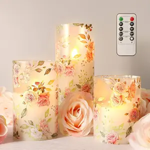 Flameless Candles with Remote Timer, Flickering Glass Candles, Love Themed Decor  Led Pillar Candles, Rose Table Ornaments for Mother Gifts,Valentine's Day, Centerpiece