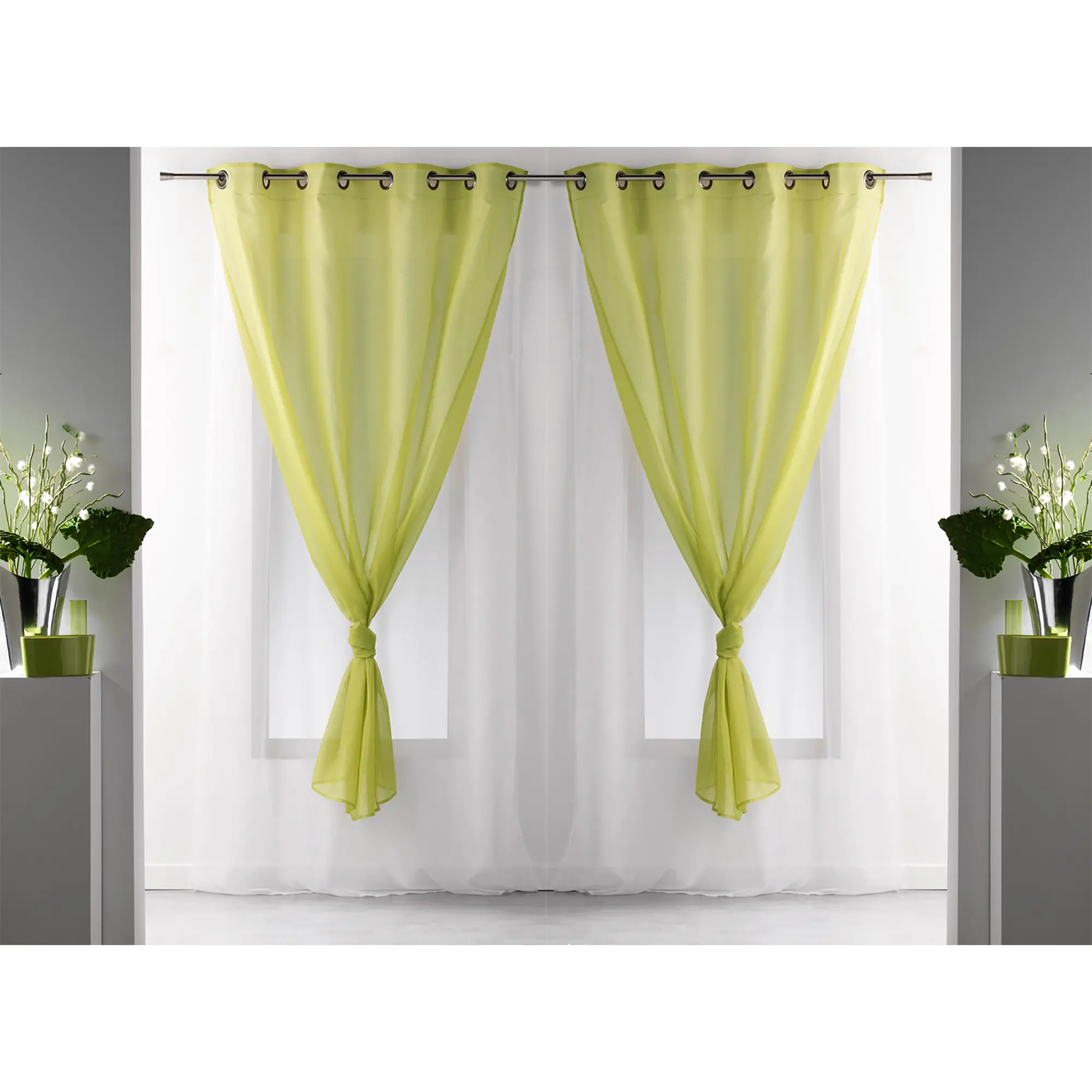 Set of 2 Modern Voile Window Curtains - Vibrant Lime Green and White Double Layer Sheer Panels - 95x55 Inches