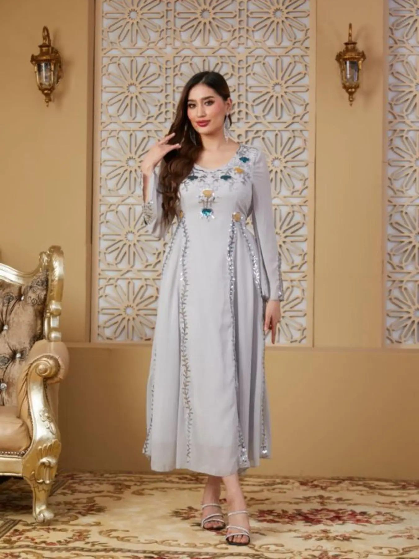 Women's Floral Pattern Contrast Sequin Dress, Elegant Split Sleeve Round Neck Long Dress for Party Banquet, Ladies Spring & Fall Clothes