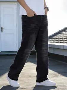 Men's Street Style Classic Black Jeans, Plain, Vintage Washed Denim Fabric, Straight Leg Fitted Long Pants, Suitable for Casual Outfits and Streetwear Fashion, Four-Season Casual Style, Ideal Gift for Husband or Boyfriend