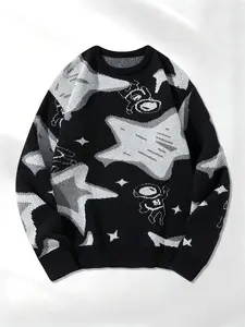 Men's Fall Winter Round Neck Knit Sweater, Casual Fashion Star Pattern Pullover, Long Sleeve Loose Fit, Daily Wear and Outdoor Activities, Round Neck Jumper, Knitwear