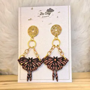 Moth Butterfly Polymerclay Earrings - Copper Color with Golden Foil Flakes, Beautiful Butterfly Design, Elegant Chain