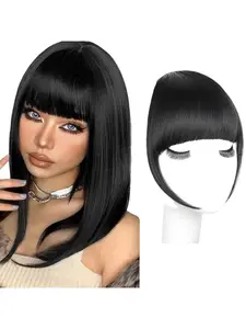 Synthetic Hair Thick Bangs with Side Clips, Natural Look Frontal Wig for Women, Daily Wear Bob Wigs, All Seasons Curly Hair Extension