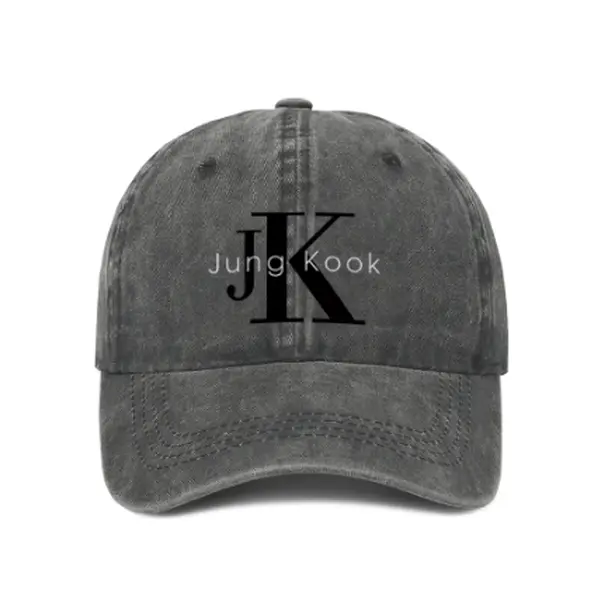 Jungkook JK Logo Print Vintage Washed Denim Baseball Cap - 58-64cm Adjustable Unisex Dad Hat, All-Season UV Protection Sports Outdoor Cap, Retro Casual Streetwear Travel Gift Accessory