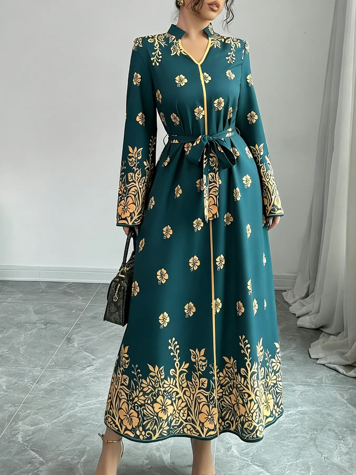 A women's dark green gold floral printed waist hugging long dress, with gold printed accents that exude luxury and slim waist hugging design, suitable for commuting to work, shopping and outdoor activities, Long Sleeve, Casual Boho Bohemian