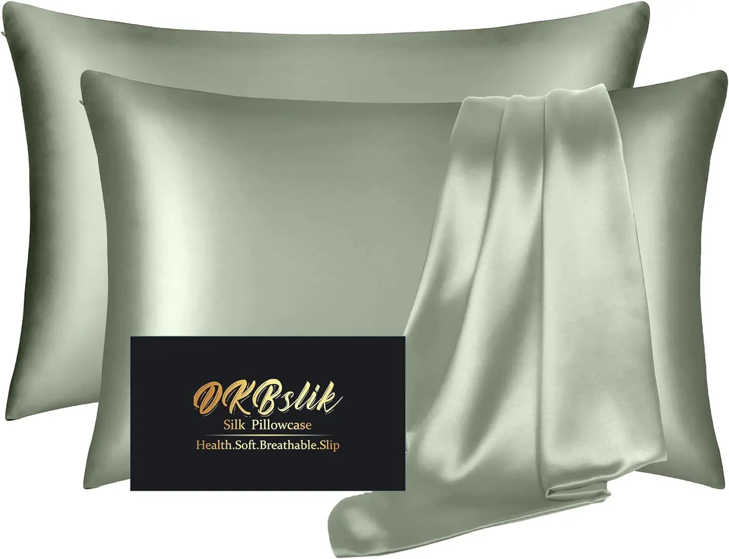 Silk Pillow Cases 2 Pack, Mulberry Silk Pillowcases Standard Set of 2, Smooth, anti Acne, Beauty Sleep, Both Sides Natural Silk Satin Pillow Cases for Women 2 Pack with Zipper for Gift, Sage Green DKBslik