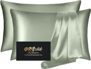 Silk Pillow Cases 2 Pack, Mulberry Silk Pillowcases Standard Set of 2, Smooth, anti Acne, Beauty Sleep, Both Sides Natural Silk Satin Pillow Cases for Women 2 Pack with Zipper for Gift, Sage Green DKBslik
