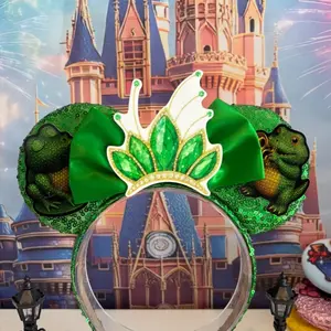 Princess Sequin Glitter Ears Green Sequin Bow Mouse Ear Headband Handcrafted Sparkly Ears with Soft Grosgrain Ribbon Lining for Comfort and Secure Wear Perfect for Theme Park Days and Special Occasions