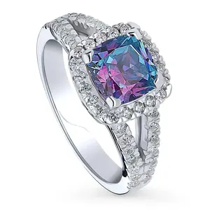 BERRICLE Sterling Silver Halo Kaleidoscope Cocktail Split Shank Ring for Women, Purple Aqua Cushion Cut Cubic Zirconia CZ