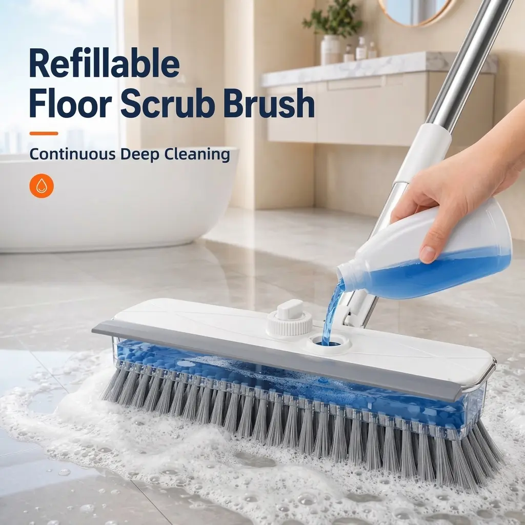 4-in-1 Liquid Dispensing Floor Scrub Brush with Long Plastic+Steel Handle, 25cm Heavy-Duty Stiff Bristle Broom with Squeegee & Tweezer for Floors/Tiles Deep Cleaning House Supplies, Wet Dry Fur Remover Grey Home Care Tool Hard Kitchen Scraper brooms push