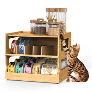 Can Organizer for Pantry, Bamboo Cat Food Can Organizer, 2 Tier Stackable Can Storage Rack, Cat Stuff,FIFO Design Minimalist Drawer Tower Adjustable Kitchen Decor Display Shelf Durable Sturdy Rack