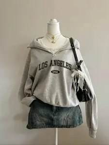 Tiktok Trend Vintage La Half-Zip Hoodie, Layered Look, Sweet Cool Style, Underarm Bag, Retro Fashion, Must-Have for Girls, Loose Sweatshirts
