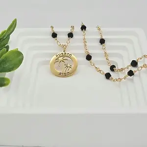 Gold Black Beaded Puerto Rico Necklace, 14k Heavy Plated Gold, Round Puerto Rico Pendant, Palm Tree Necklace