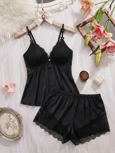 Women's Sexy Leopard Print Sleeveless Pyjama Set, Contrast Lace Design, Fitted Short Pants, All Seasons Home Wear