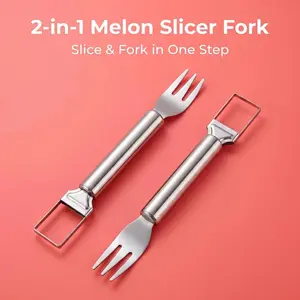 【2 Pack】Watermelon Cube Cutter & Fork, 2-in-1 Melon Slicer Fork, Stainless Steel Watermelon Dicer, Quick-Cube Watermelon Tool, Easy-Eat Melon Helper