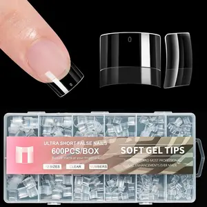 Ultra Short French Almond/ Square Fake Nails, Clear/Transparent Natural Soft Gel Full Cover Nail Tips, Pre-shaped Easy Shape Nail Extensions for Salons & DIY, 600PCS/Box Bulk Nail Art Supplies for Manicure Beginners & Professionals