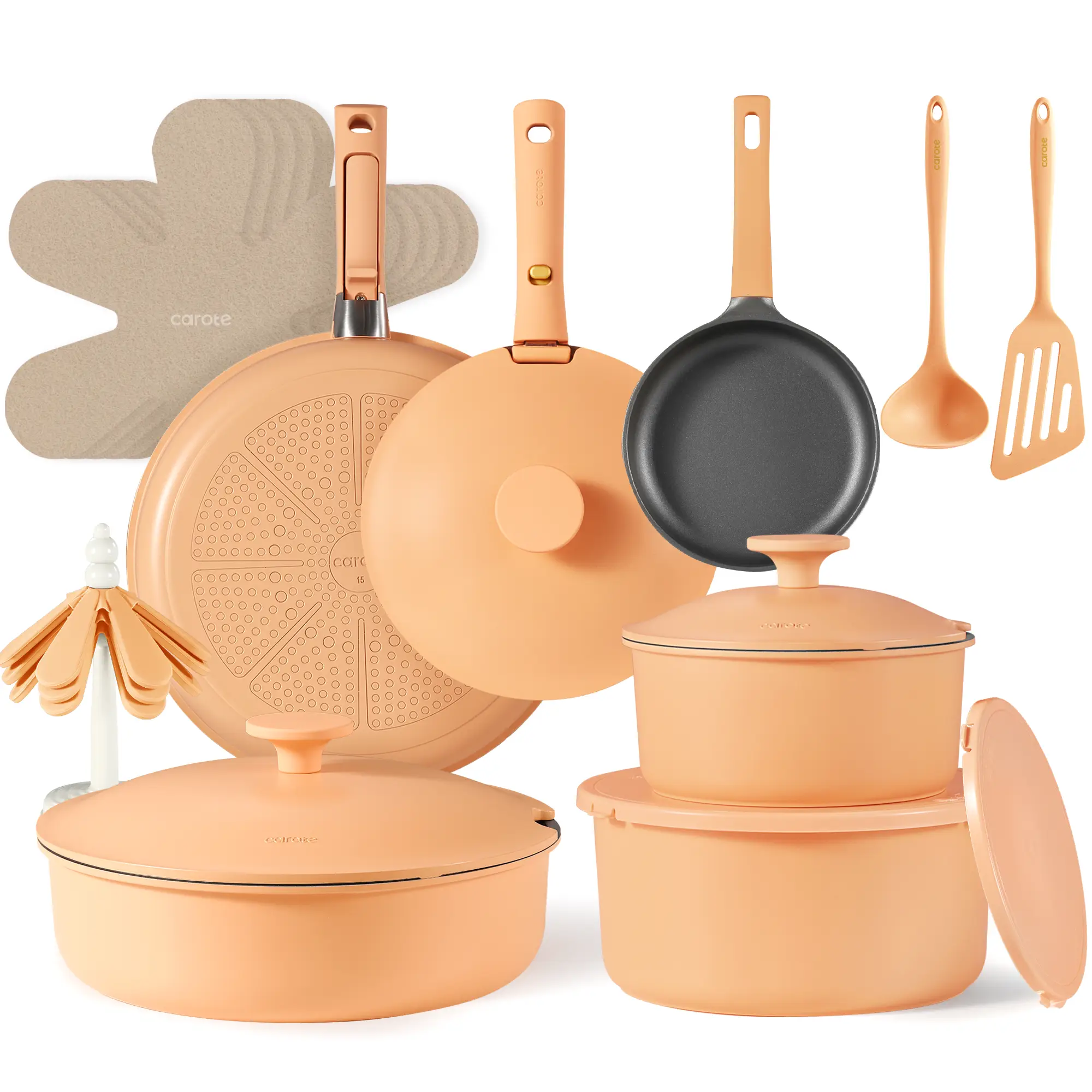 [Official] CAROTE 24pcs Nonstick Cookware Set, Kitchen Cookware Sets with Removable Handle, Dishwasher/Oven/ Fridge safe, Perfect Gift Choice, Black/O